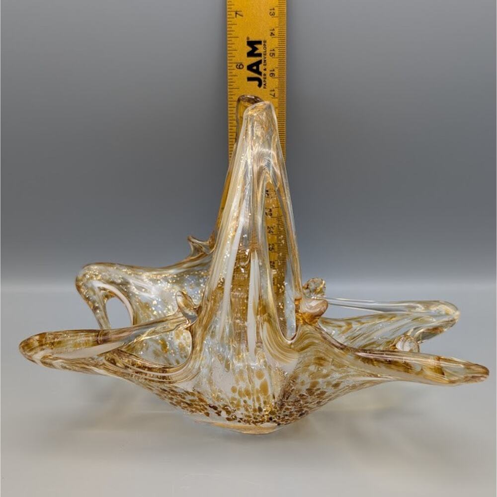 Vintage Murano Style Amber Gold Fleck Art Glass Basket Dish MCM Fall Table Decor - Picture 7 of 10